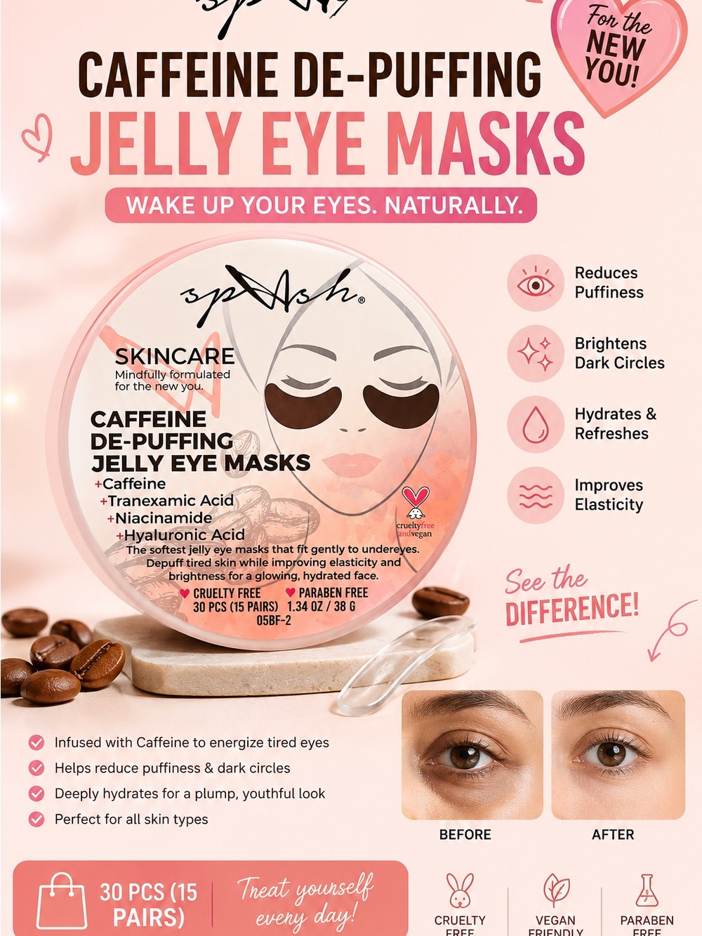 Splash Pink Caffeine De-Puffing Jelly Eye Masks